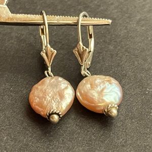 Peach Colored Freshwater Coin Pearls and Lever Back Signed 925 Silver Earrings
